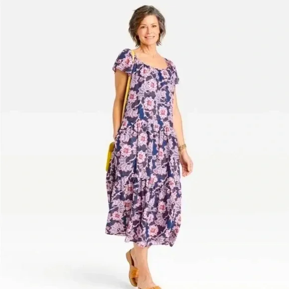 Knox Rose Womens Midi Length Floral Flutter Sleeve A Line Dress Sz Med Pink Blue - Picture 11 of 11